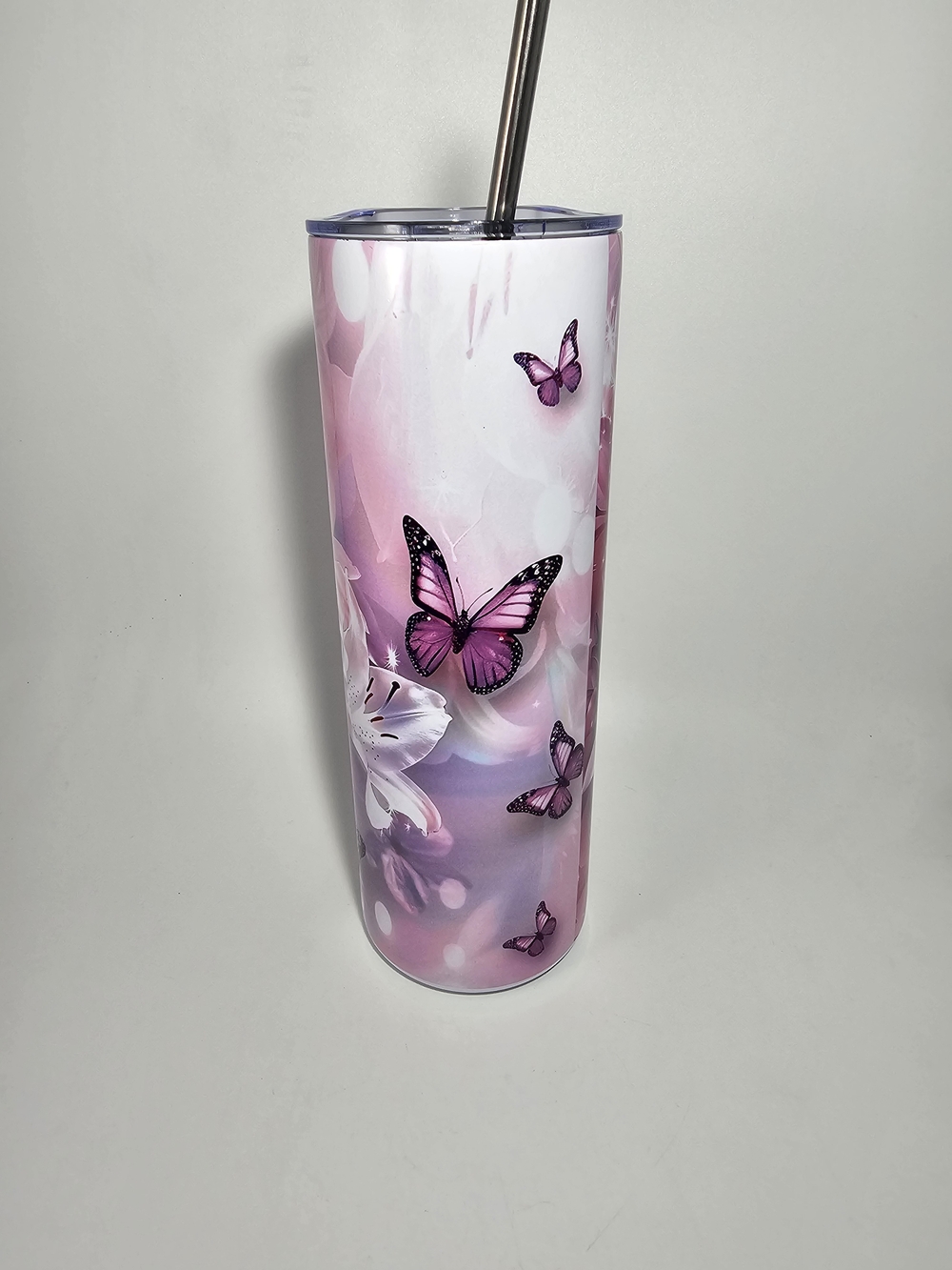 Pink Butterfly Stainless Steel Tumbler with Straw
